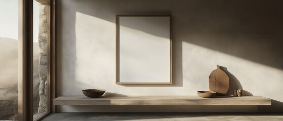 Poster - Interior mockup with sunlight and wooden accents showcasing a blank art frame on a shelf in a minimalist style