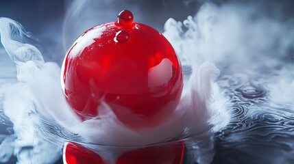 Poster - Red sphere in dry ice, abstract food photography.