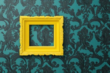Poster - Ornate yellow frame against teal damask wallpaper backdrop studio shot for art or design element placement