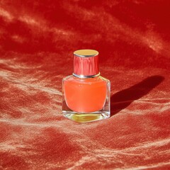 Poster - Perfume bottle still life on red velvet background studio shot product photography beauty aroma fragrance luxury style