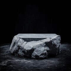 Poster - Rock Platform Display on Black Backdrop Studio Shot for Product Showcase Natural Stone Texture Minimalist Presentation