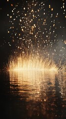 Poster - Golden sparks rising and reflecting on dark water surface abstract ethereal scene creating magical atmosphere and visual texture