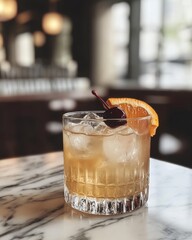 Poster - Old Fashioned cocktail on marble table top at restaurant bar low angle close up with orange slice and cherry garnish