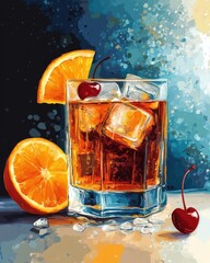 Poster - Old Fashioned cocktail with orange slice and cherry garnish still life painting style refreshing drink in glass with ice cubes