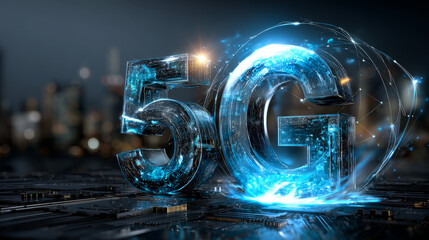 Poster - 5g sign arrow consist digits matrix. Global high speed internet via wireless network concept. Modern mobile communication technology background. Abstract telecommunication signal connection with world