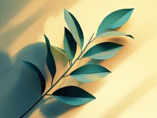 Poster - Branch with green leaves casting shadow on yellow wall in studio shot; minimalist botanical still life with soft light