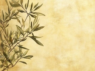 Poster - Olive branch on textured gold background botanical illustration style with copy space for text and design