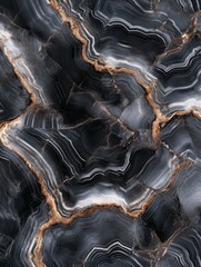Poster - Abstract Onyx Texture Close Up Shot with Gold Veins and Black and White Bands Natural Stone Surface