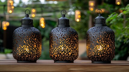 Wall Mural - Elegant Black Metal Lanterns with Intricate Cutouts Illuminate Outdoor Evening Garden Setting