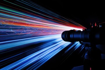 Poster - Dynamic scope scanning reveals vibrant connections over light trails at a mesmerizing speed, scope scanning with connections over light trails on black background