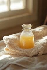 Poster - Freshly Squeezed Orange Juice in Glass Bottle on Towel Still Life Warm Sunlight Natural Light Morning Beverage Close Up