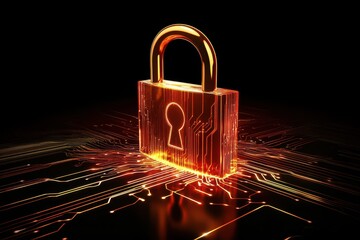 Poster - Digital security system with padlock icon and data connections over computer networks, padlock icon with connections over digital data processing on dark background
