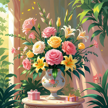 An artistic layout with multicolored carnations scattered around a 