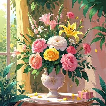 An artistic layout with multicolored carnations scattered around a 