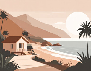Wall Mural - serene beach scene featuring cozy villa by shore, surrounded by palm trees and mountains. warm color palette evokes tranquil atmosphere, perfect for relaxation and escape
