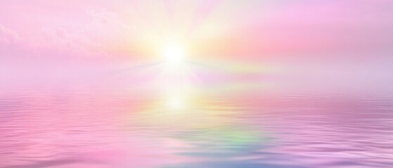 Poster - Ethereal Sunrise Over Calm Water Reflecting Pastel Sky Hues Serene Landscape Nature Beauty Peace Tranquility Dreamlike Scene Soft Light Dreamy Atmosphere