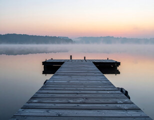 Wall Mural - serene wooden pier extending into calm lake at dawn, surrounded by mist and soft pastel colors in sky. tranquil atmosphere evokes sense of peace and reflection