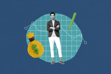Poster - Poster collage of person stand on blue background with money bag exclamation mark graphs