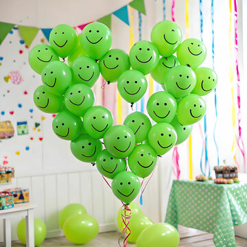 A vibrant mix of green balloons with smiling faces, floating in the air, creating a joyful,