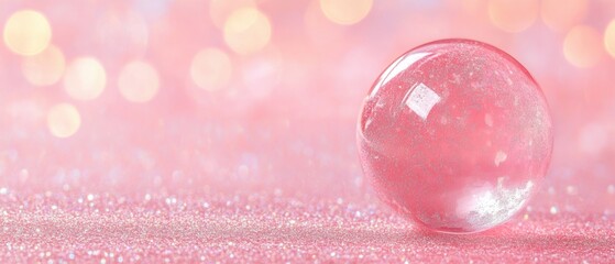 Poster - Pink Crystal Ball on Glitter Surface Macro Shot with Bokeh Background for Festive Occasion Celebration and Decoration in Studio