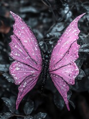 Poster - Pink glitter butterfly on dark foliage close up shot nature photography fantasy art insect beauty