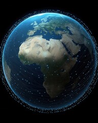Poster - Earth globe digital network connecting continents aerial view showing Africa Europe Middle East data flow communication