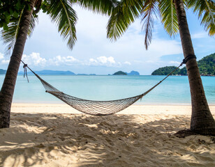 Wall Mural - serene beach scene featuring hammock suspended between two palm trees, overlooking tranquil sea with distant islands. soft sand and gentle waves create peaceful atmosphere