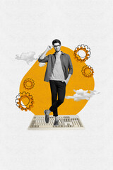 Poster - Creative poster collage of person stand keyboard with image gears on white background