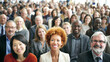 © d - Diverse group of business people attending conference, smiling and engaged. audience includes men and women of various ethnicities and ages, reflecting multicultural environment