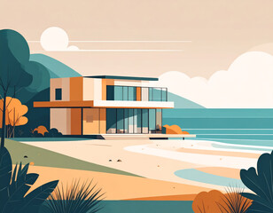 Wall Mural - modern villa by beach, featuring large windows and minimalist design, surrounded by lush greenery and sandy shores. serene atmosphere evokes sense of tranquility and relaxation