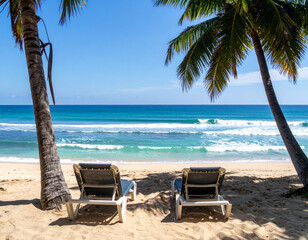 Wall Mural - Relax on tropical beach with two lounge chairs under palm trees, overlooking serene ocean waves and clear blue sky. This picturesque scene invites tranquility and peace
