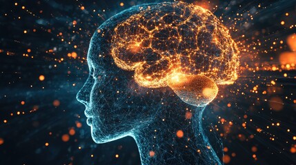 Poster - A highly detailed digital representation of a human brain illuminated with glowing neural connections. set against a vibrant. abstract background of colorful particles and light
