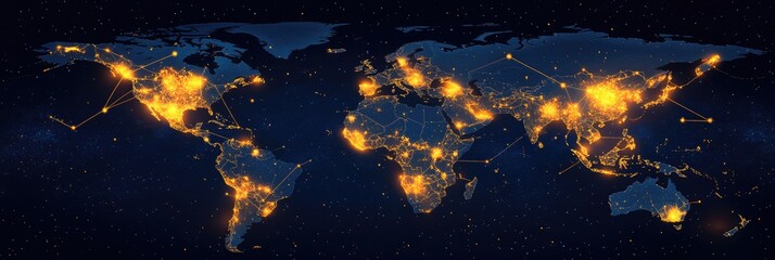 Poster - A stunning visual representation of a glowing world map showcasing illuminated cities against a cosmic background. ideal for global connectivity themes