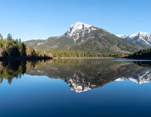 Wall Mural - stunning mountain landscape featuring serene lake with perfect reflection of snow capped peaks and l