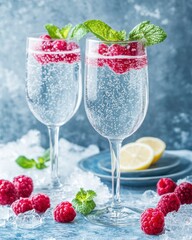 Poster - Refreshing raspberry spritzer in champagne flutes close up studio shot on ice with lemon garnish and mint leaves for summer celebration