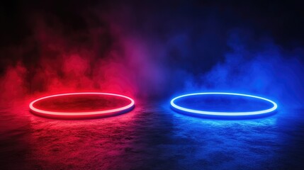 Poster - Two glowing neon circles. one red and one blue. illuminated in a dark. smoky environment. creating a dramatic contrast. suitable for digital art or technology themes