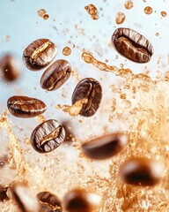 Poster - Coffee beans in mid air with splash of liquid close up studio shot for product or food photography