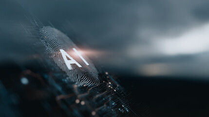 Poster - AI Symbol in the Technological Storm: A futuristic, cinematic image highlighting the concept of Artificial Intelligence amidst a turbulent, stormy backdrop.