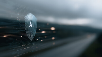 Poster - AI Shield: Futuristic AI protection concept.  A stylized AI shield icon is prominently displayed, suggesting security and innovation within a blurred technological background.