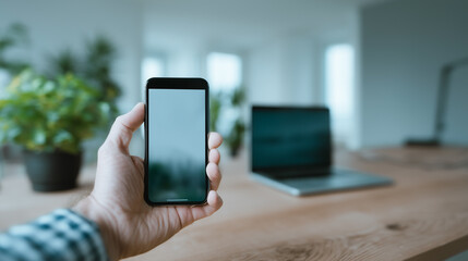Poster - Connected Digital World: A person's hand confidently grasps a smartphone, its screen displaying the potential of communication. The device sits near a laptop on a natural wood desk.
