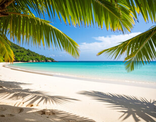Wall Mural - serene tropical beach scene featuring soft white sand, clear turquoise waters, and lush green palm trees swaying gently in breeze. vibrant colors evoke sense of tranquility and relaxation