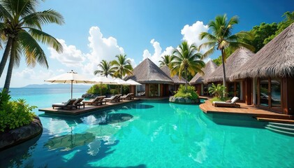 Wall Mural - Luxury umbrella resort, thatched roofs, turquoise water, tropical paradise , relaxation, island