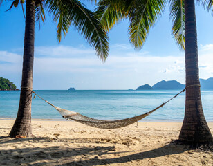 Wall Mural - serene beach scene featuring hammock suspended between two palm trees, overlooking tranquil sea. clear blue sky and gentle waves create peaceful atmosphere, perfect for relaxation