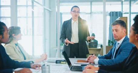 Poster - Investor, feedback or business people with speech in presentation for funding, review or investment. Woman speaker, group or manager with proposal ideas for project meeting, budget or risk management
