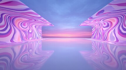 Poster - Abstract colorful landscape with wavy patterns and reflective water surface at sunrise, showcasing vibrant hues of purple, pink, and blue in a surreal setting