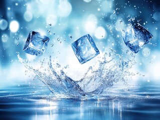 Poster - ice cubes falling into water creating splash high angle studio shot on blue background