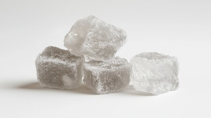 Poster - Close-up of Stacked Ice Cubes on White Background in Studio Shot; Refreshing Cold Drink Ingredient Still Life; Minimalist Composition with Textured Frozen Water
