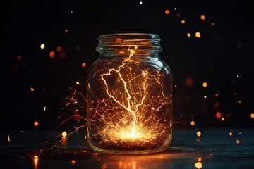 Poster - Captivating jar showcases electric sparks and lightning strikes in vibrant display of energy, jar containing lightning strikes electric spark until it spreads