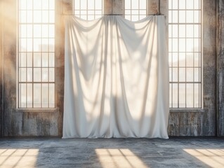 Poster - Bright studio interior with large windows and white curtain backdrop casting shadows on the floor in a loft space