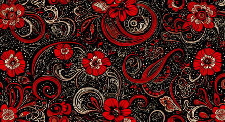Wall Mural - A paisley patterned fabric with red and white flowers. The paisley design is intricate and detailed, with many small flowers and leaves. The fabric is black and red, creating a bold
